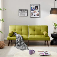 Canapé convertible futon avec pieds en bois massif en tissu de lin vert moutarde