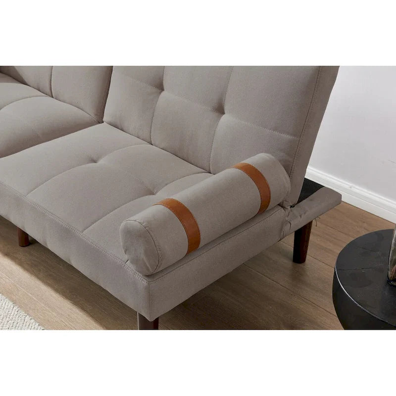 Canapé convertible futon avec pieds en bois massif en tissu de lin vert moutarde