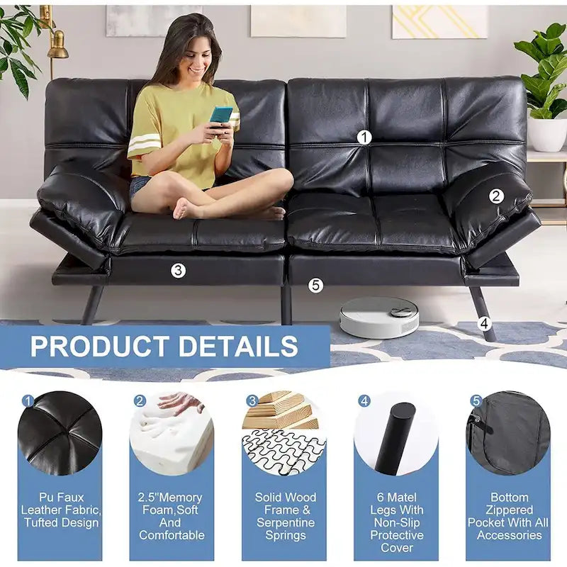 Canapé-lit futon, ensembles futon canapé en similicuir à mémoire de forme, canapé lit de repos convertible, causeuse canapé-lit pour petit espace