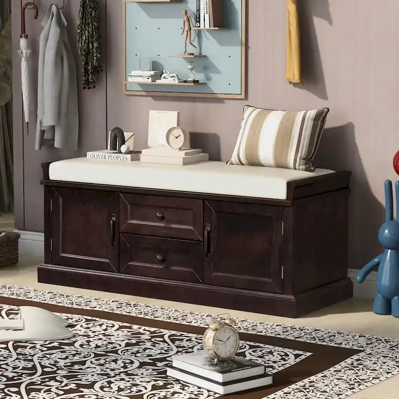 Banc à Chaussures de Rangement avec 2 Tiroirs, 2 Armoires et Coussin Amovible