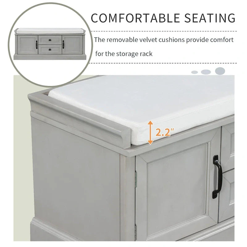 Banc à Chaussures de Rangement avec 2 Tiroirs, 2 Armoires et Coussin Amovible