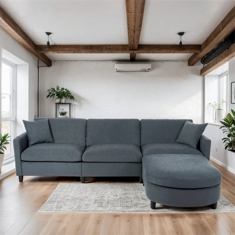Canapé sectionnel moderne en tissu 108 pouces avec pouf et coussins