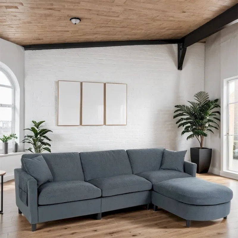 Canapé sectionnel moderne en tissu 108 pouces avec pouf et coussins