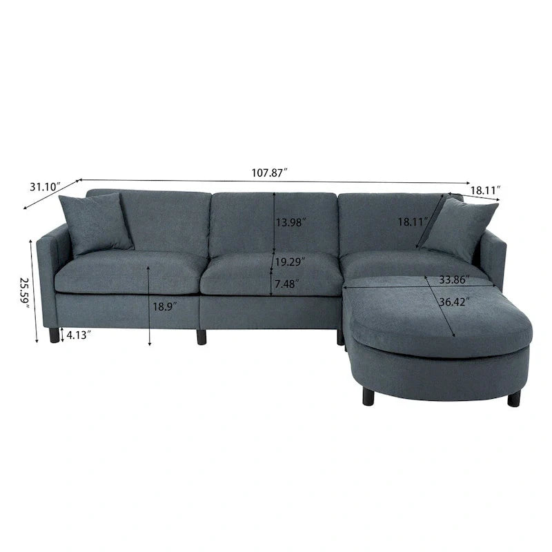 Canapé sectionnel moderne en tissu 108 pouces avec pouf et coussins