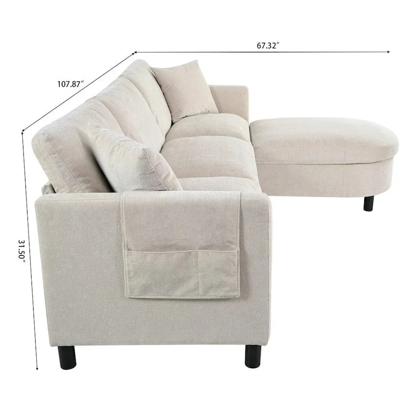 Canapé sectionnel moderne en tissu 108 pouces avec pouf et coussins