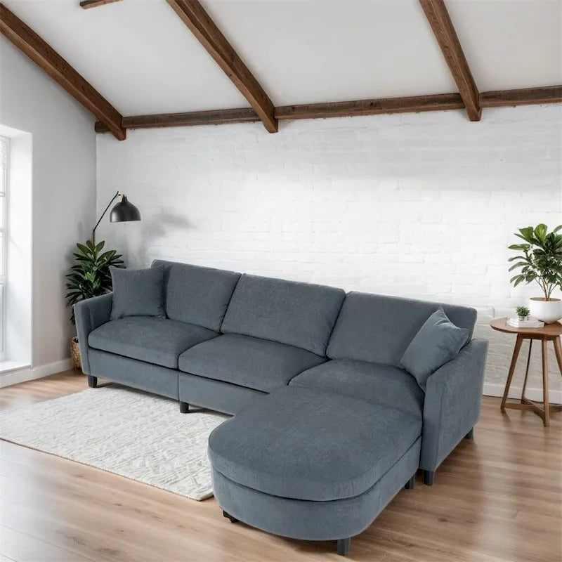 Canapé sectionnel moderne en tissu 108 pouces avec pouf et coussins