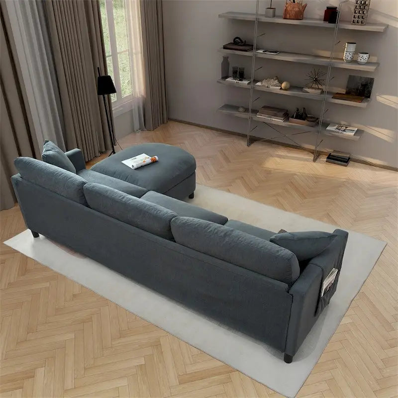 Canapé sectionnel moderne en tissu 108 pouces avec pouf et coussins