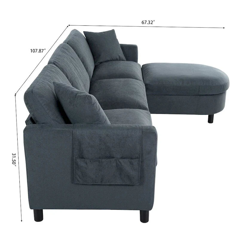 Canapé sectionnel moderne en tissu 108 pouces avec pouf et coussins