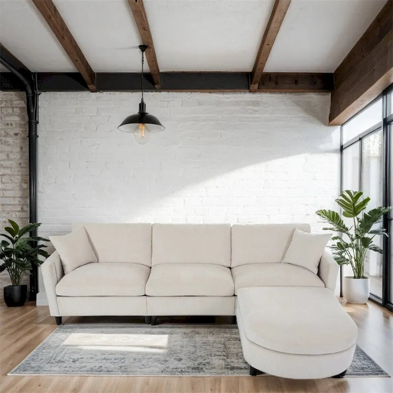 Canapé sectionnel moderne en tissu 108 pouces avec pouf et coussins