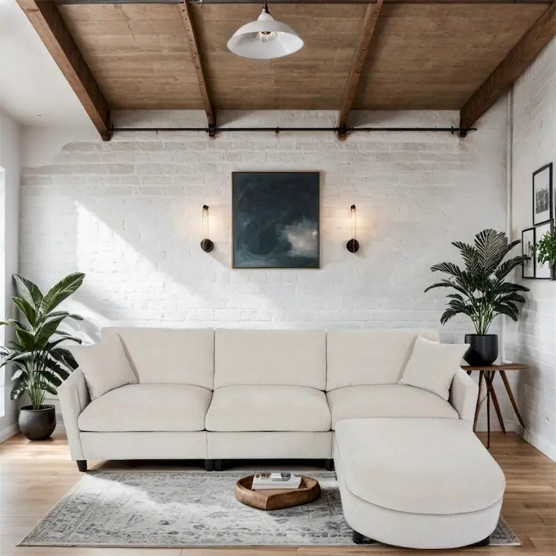 Canapé sectionnel moderne en tissu 108 pouces avec pouf et coussins