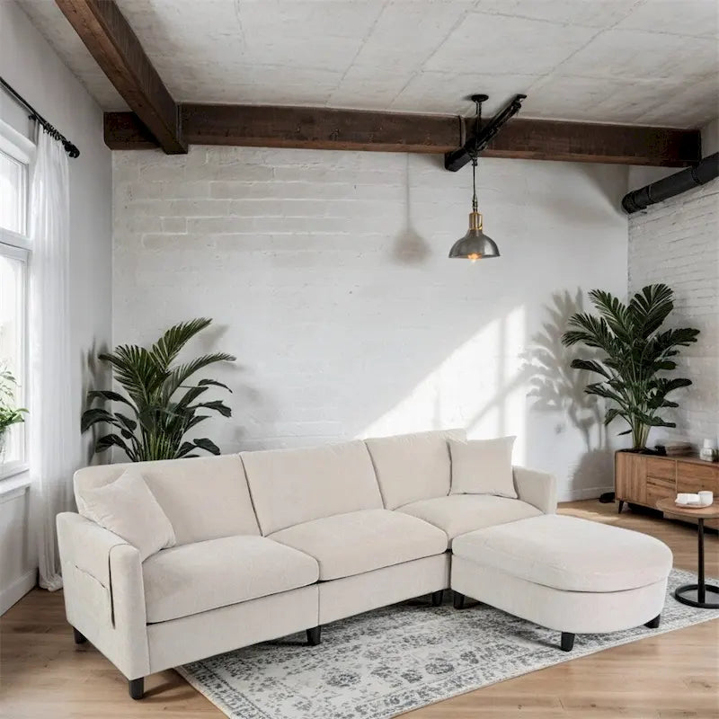 Canapé sectionnel moderne en tissu 108 pouces avec pouf et coussins