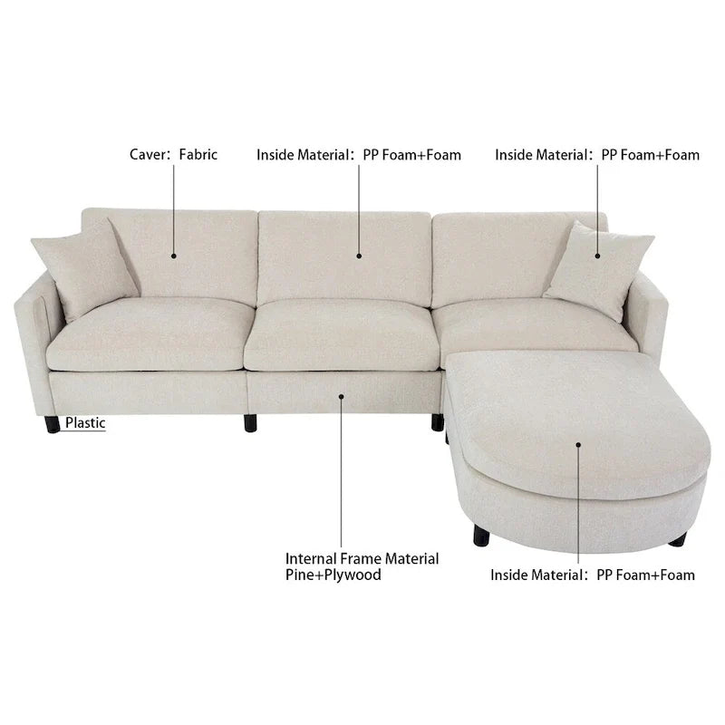 Canapé sectionnel moderne en tissu 108 pouces avec pouf et coussins