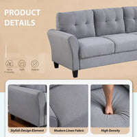 Canapé 3 places moderne en lin gris clair-bleu, coussin confortable