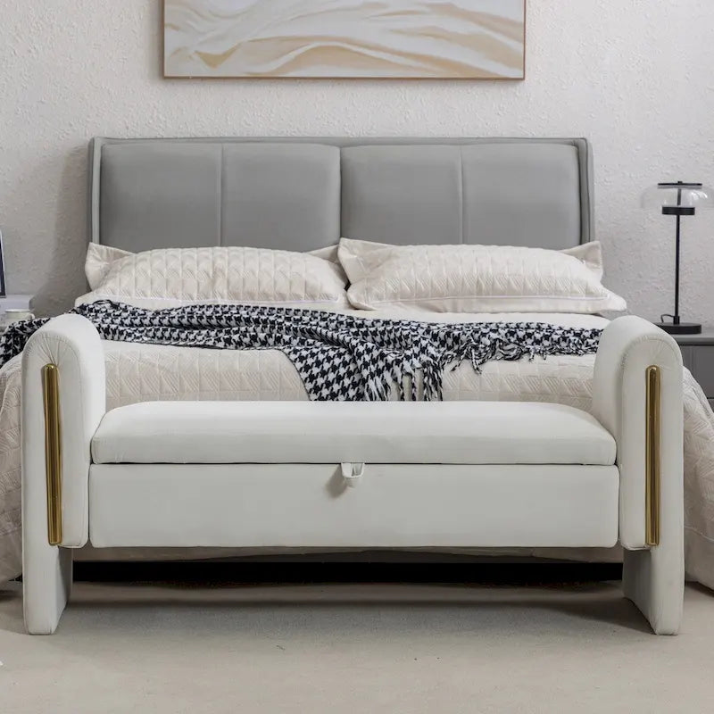 Banc de rangement en velours pour chambre à coucher avec garniture en métal doré pour salon, chambre à coucher, intérieur