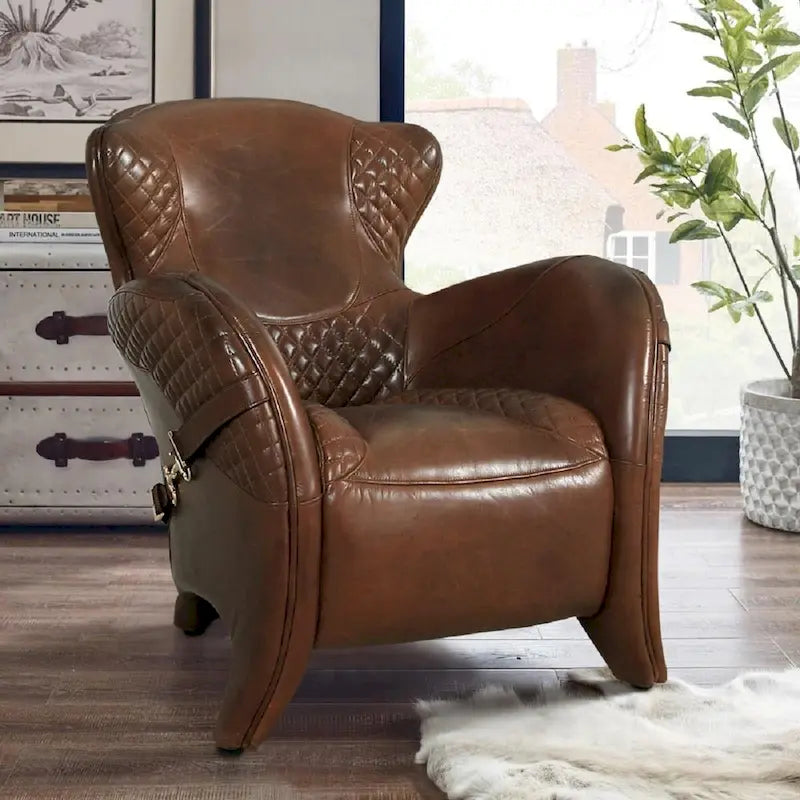 Fauteuil à oreilles en cuir pleine fleur Aspen Pasargad Home, Marron - L81xP88xH85