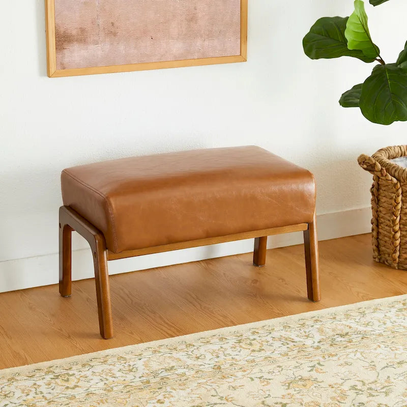 Tabouret d'appoint en similicuir Glitzhome 24,5W avec pieds en hévéa noyer