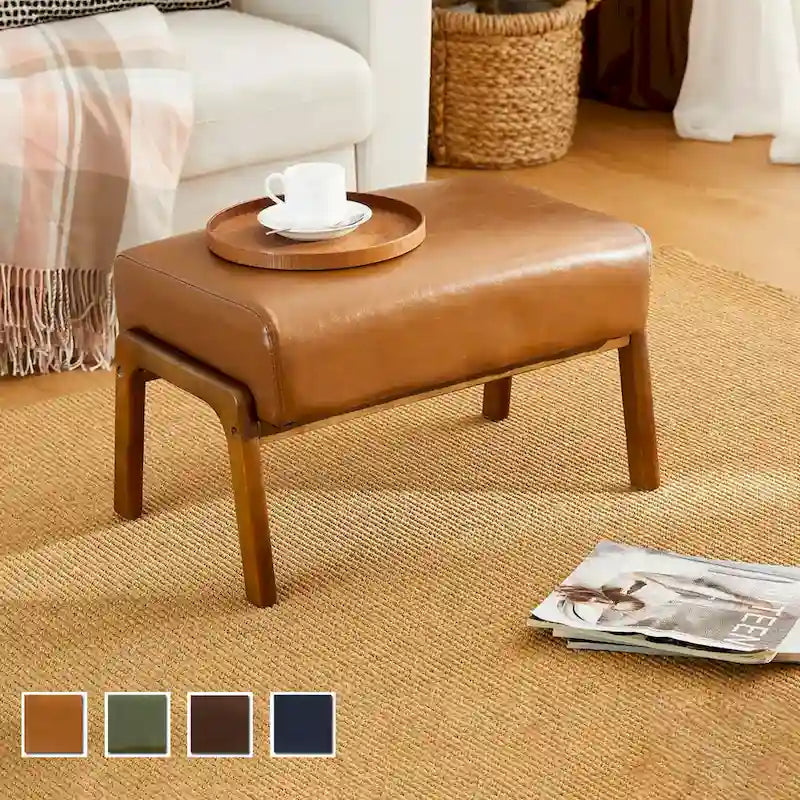 Tabouret d'appoint en similicuir Glitzhome 24,5W avec pieds en hévéa noyer