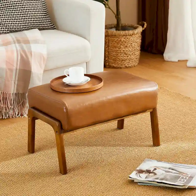Tabouret d'appoint en similicuir Glitzhome 24,5W avec pieds en hévéa noyer