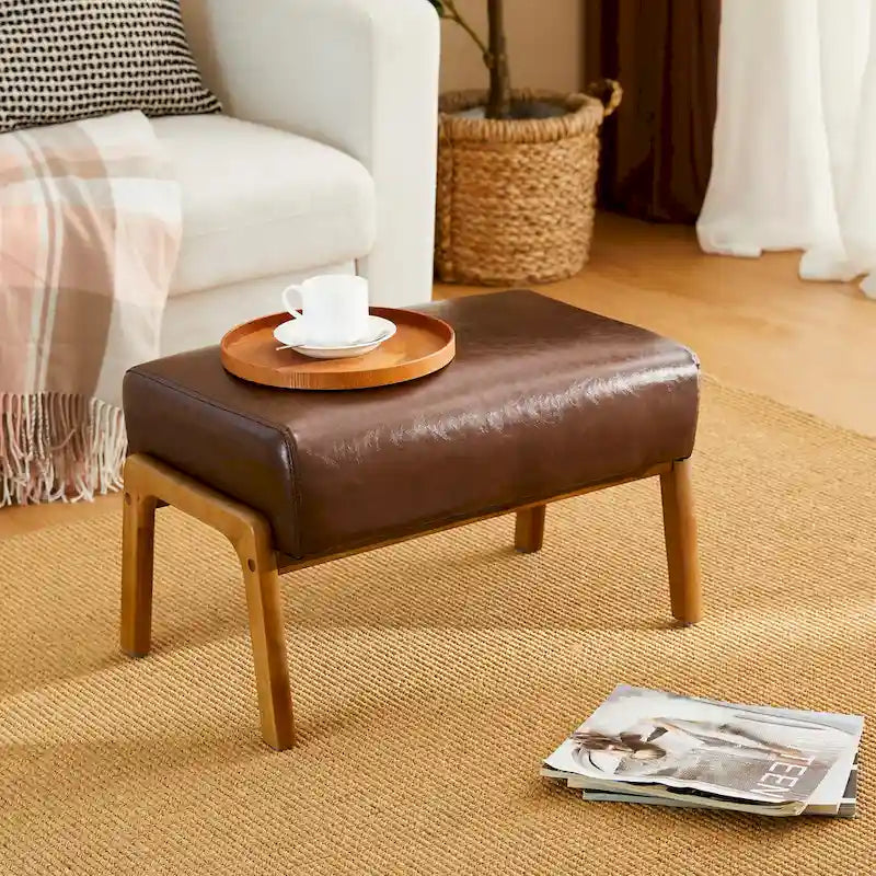 Tabouret d'appoint en similicuir Glitzhome 24,5W avec pieds en hévéa noyer