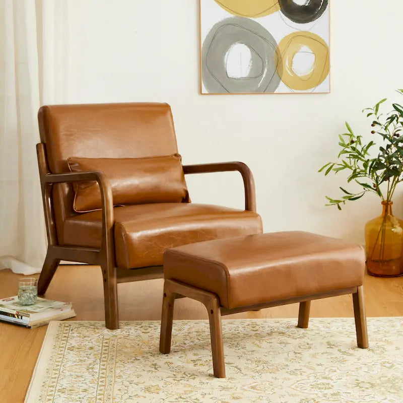 Tabouret d'appoint en similicuir Glitzhome 24,5W avec pieds en hévéa noyer