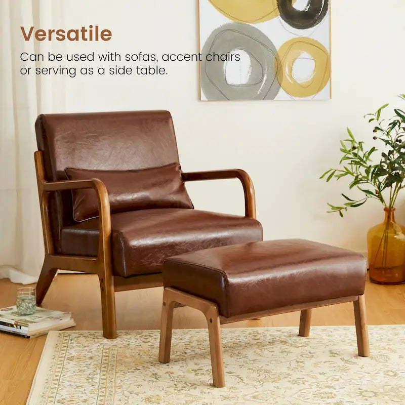 Tabouret d'appoint en similicuir Glitzhome 24,5W avec pieds en hévéa noyer