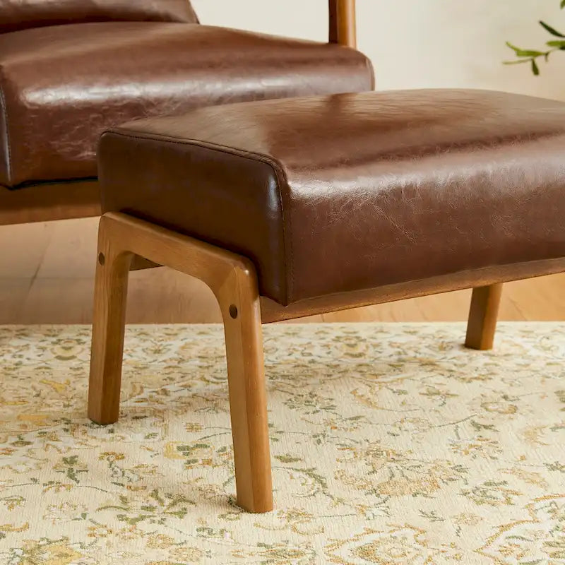Tabouret d'appoint en similicuir Glitzhome 24,5W avec pieds en hévéa noyer