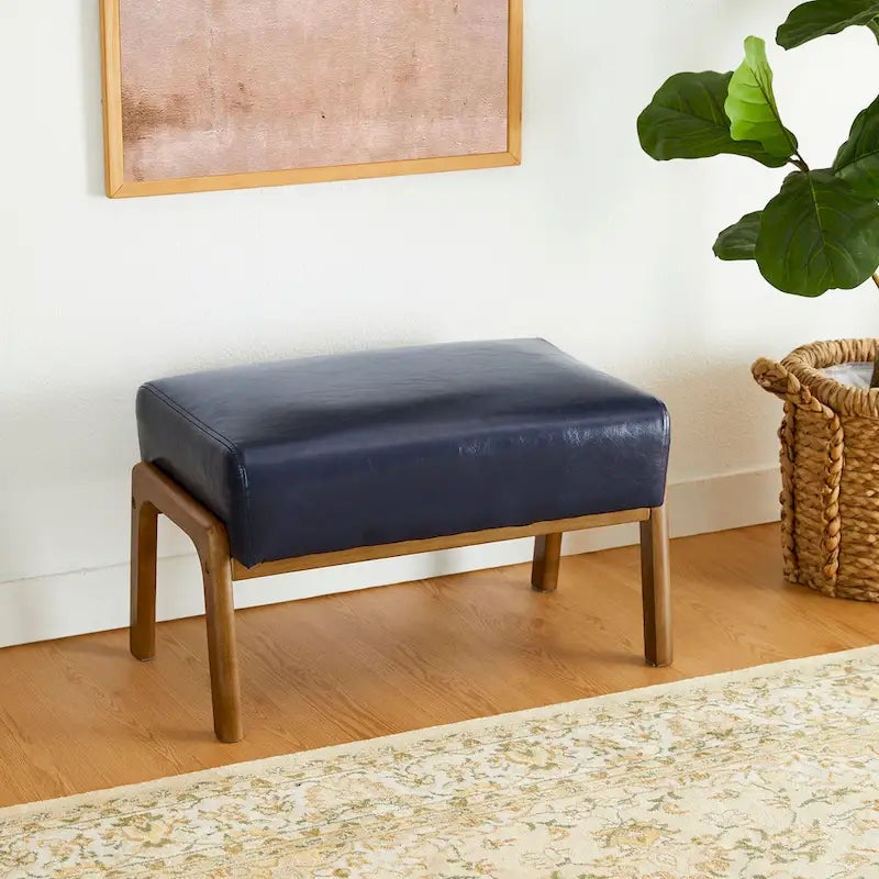 Tabouret d'appoint en similicuir Glitzhome 24,5W avec pieds en hévéa noyer