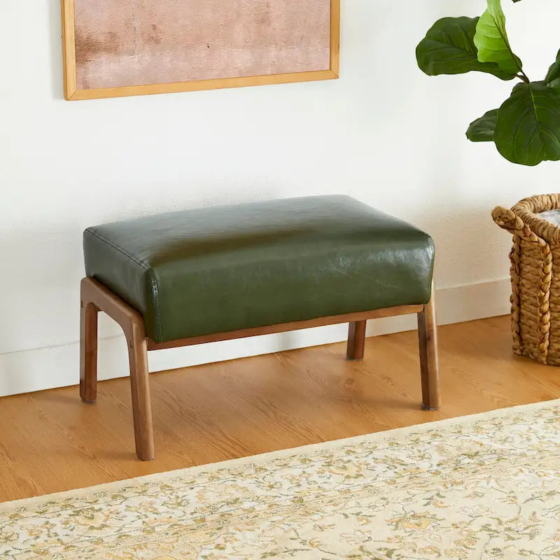Tabouret d'appoint en similicuir Glitzhome 24,5W avec pieds en hévéa noyer