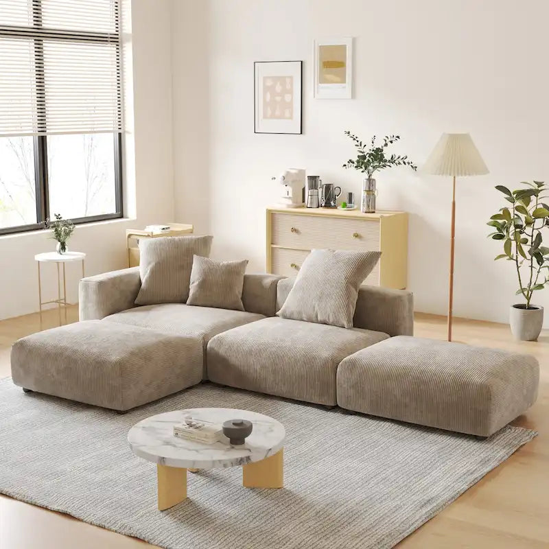 Canapé modulable en forme de L, revêtu de velours côtelé, avec méridienne, pouf et 3 coussins