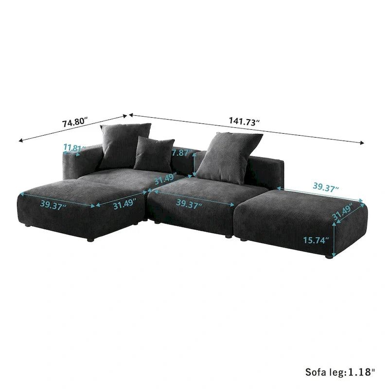 Canapé modulable en forme de L, revêtu de velours côtelé, avec méridienne, pouf et 3 coussins