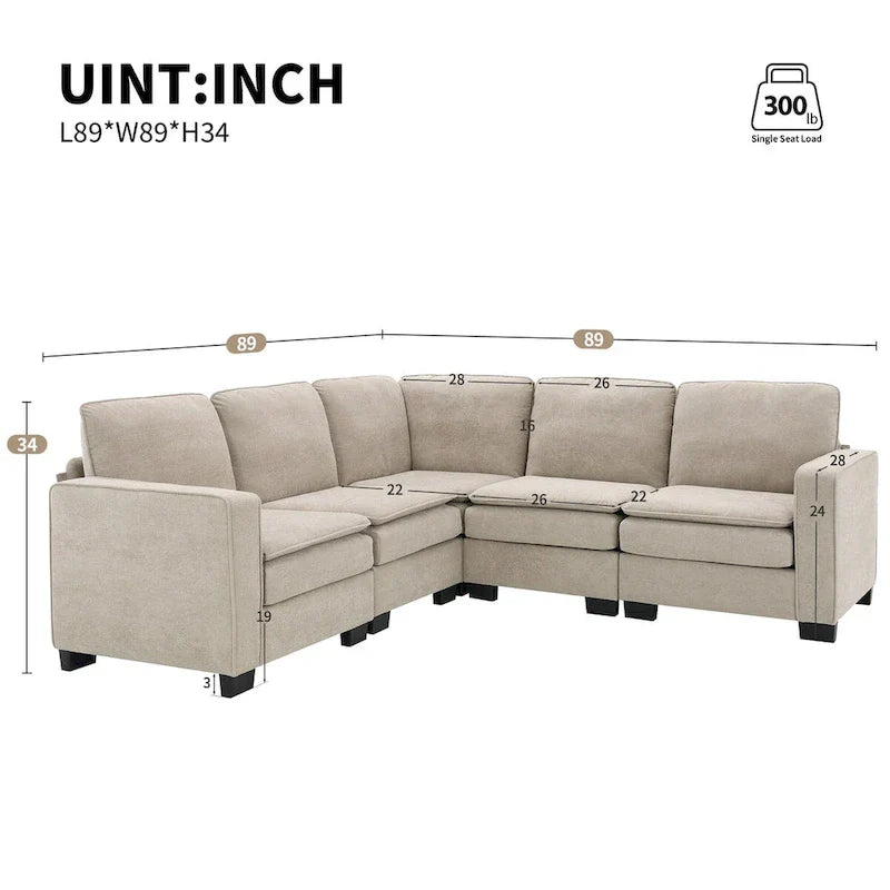 Canapé Sectionnel Moderne en Velours Surdimensionné 89*89, Grand Mobilier d'Intérieur Rembourré Forme L avec Doubles Coussins