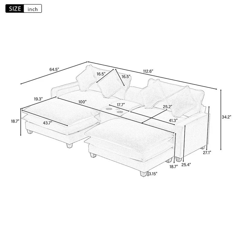 Canapé d'angle en chenille de 112,6 po avec deux poufs amovibles