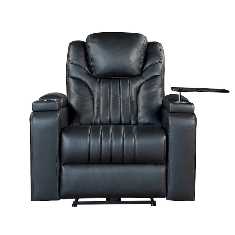 Fauteuil inclinable électrique en similicuir avec appui-tête électrique réglable, port USB, accoudoirs de rangement, porte-gobelet et tablette pivotante.