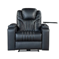 Fauteuil inclinable électrique en similicuir avec appui-tête électrique réglable, port USB, accoudoirs de rangement, porte-gobelet et tablette pivotante.