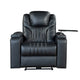 Fauteuil inclinable électrique en similicuir avec appui-tête électrique réglable, port USB, accoudoirs de rangement, porte-gobelet et tablette pivotante.