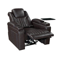 Fauteuil inclinable électrique en similicuir avec appui-tête électrique réglable, port USB, accoudoirs de rangement, porte-gobelet et tablette pivotante.