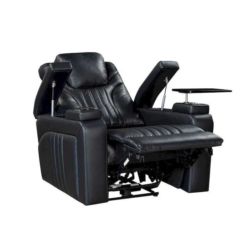Fauteuil inclinable électrique en similicuir avec appui-tête électrique réglable, port USB, accoudoirs de rangement, porte-gobelet et tablette pivotante.