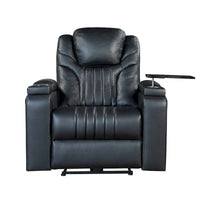 Fauteuil inclinable électrique en similicuir avec appui-tête électrique réglable, port USB, accoudoirs de rangement, porte-gobelet et tablette pivotante.