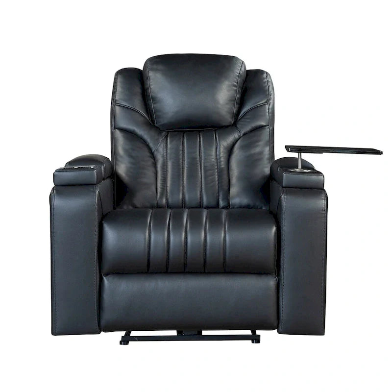 Fauteuil inclinable électrique en similicuir avec appui-tête électrique réglable, port USB, accoudoirs de rangement, porte-gobelet et tablette pivotante.