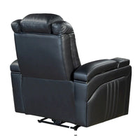 Fauteuil inclinable électrique en similicuir avec appui-tête électrique réglable, port USB, accoudoirs de rangement, porte-gobelet et tablette pivotante.