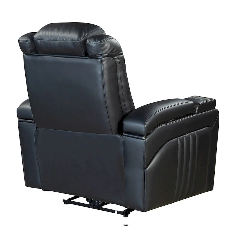 Fauteuil inclinable électrique en similicuir avec appui-tête électrique réglable, port USB, accoudoirs de rangement, porte-gobelet et tablette pivotante.