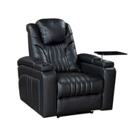 Fauteuil inclinable électrique en similicuir avec appui-tête électrique réglable, port USB, accoudoirs de rangement, porte-gobelet et tablette pivotante.