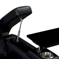 Fauteuil inclinable électrique en similicuir avec appui-tête électrique réglable, port USB, accoudoirs de rangement, porte-gobelet et tablette pivotante.