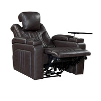 Fauteuil inclinable électrique en similicuir avec appui-tête électrique réglable, port USB, accoudoirs de rangement, porte-gobelet et tablette pivotante.