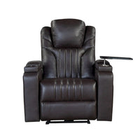 Fauteuil inclinable électrique en similicuir avec appui-tête électrique réglable, port USB, accoudoirs de rangement, porte-gobelet et tablette pivotante.