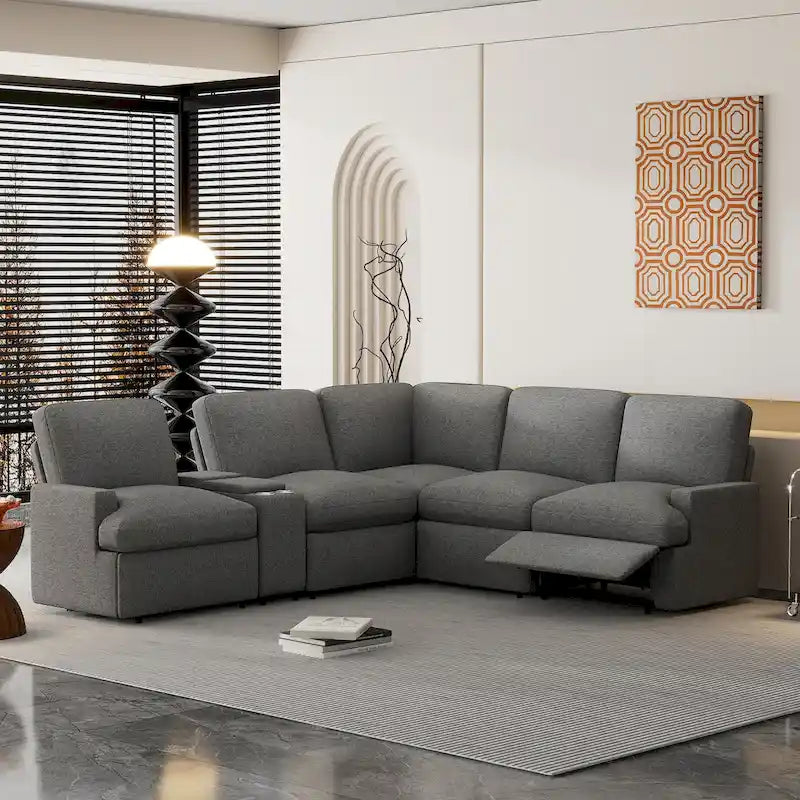 Canapé sectionnel d'angle inclinable électrique home cinéma 104 pouces avec boîte de rangement, porte-gobelets, ports USB et prise de courant