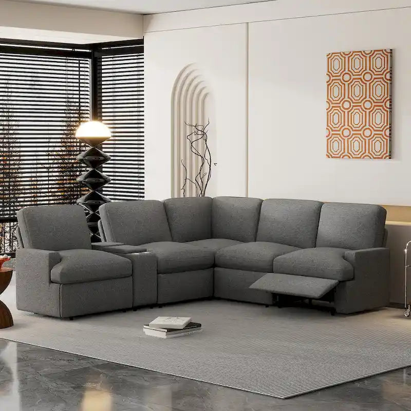 Canapé sectionnel d'angle inclinable électrique home cinéma 104 pouces avec boîte de rangement, porte-gobelets, ports USB et prise de courant