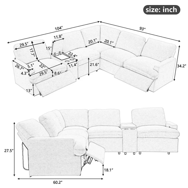 Canapé sectionnel d'angle inclinable électrique home cinéma 104 pouces avec boîte de rangement, porte-gobelets, ports USB et prise de courant