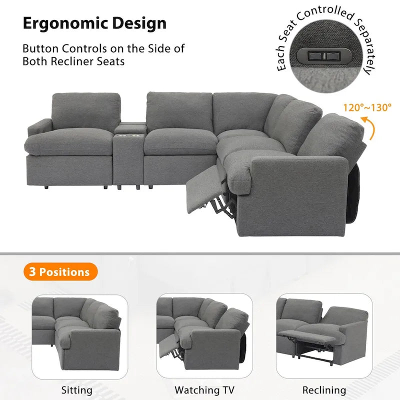 Canapé sectionnel d'angle inclinable électrique home cinéma 104 pouces avec boîte de rangement, porte-gobelets, ports USB et prise de courant