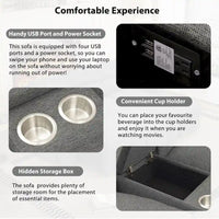 Canapé sectionnel d'angle inclinable électrique home cinéma 104 pouces avec boîte de rangement, porte-gobelets, ports USB et prise de courant